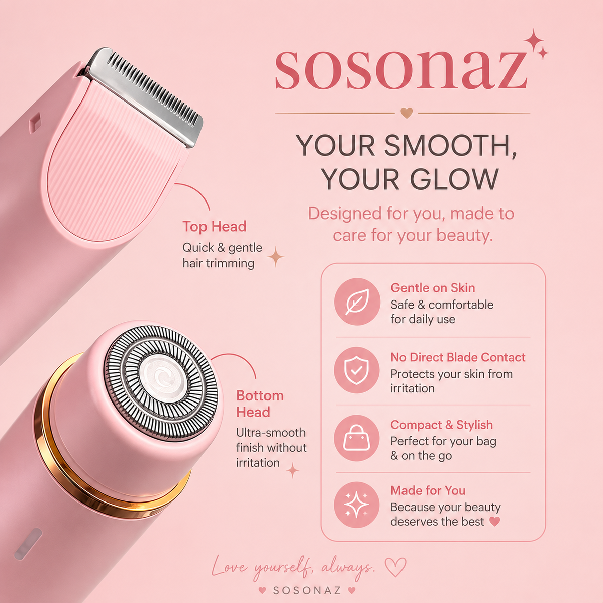 Dual-head Sosonaz shaver bys-store-3276548-403400 with ergonomic handle and two rotating blades for close, comfortable shaving.