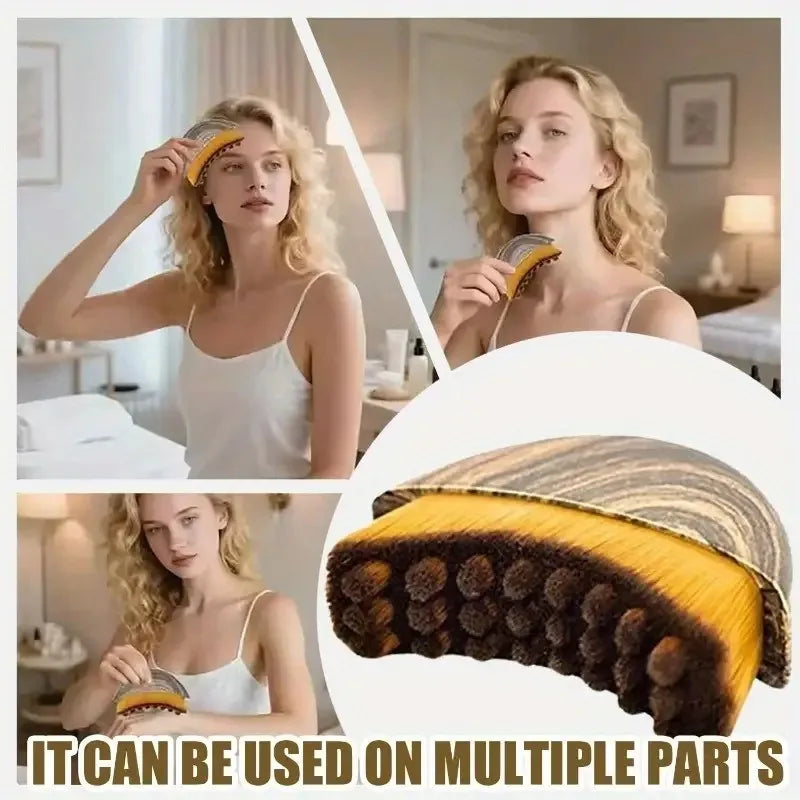Portable dry facial brush with soft bristles, contoured for lymphatic massage and gentle exfoliation for face sculpting at home.