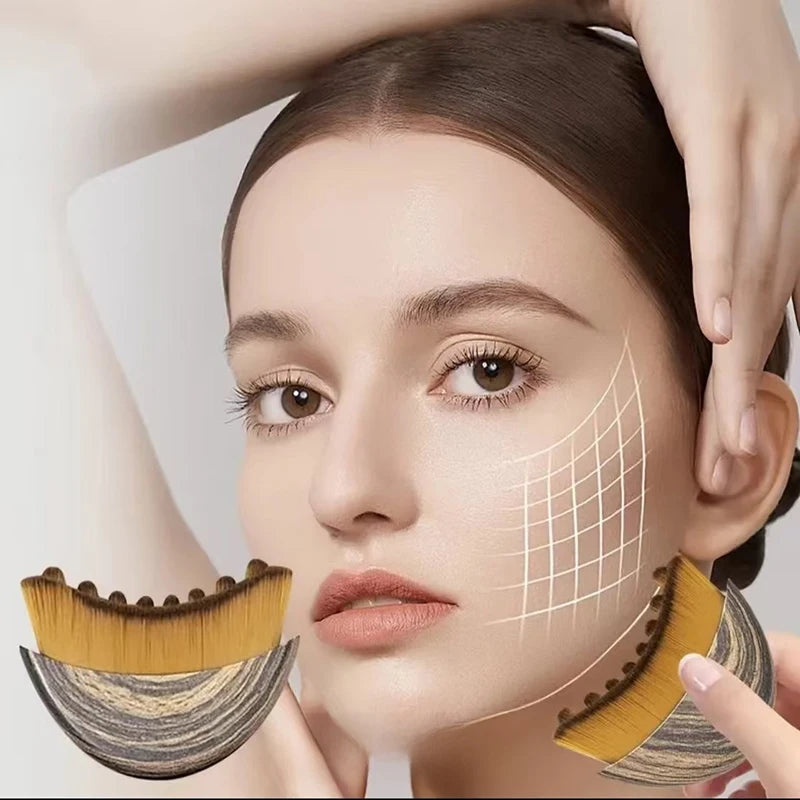 Portable dry facial brush with soft bristles for lymphatic massage and gentle exfoliation, ideal for face sculpting and home spa use.