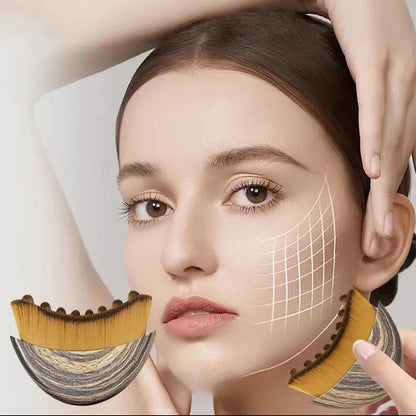 Portable dry facial brush with soft bristles for lymphatic massage and gentle exfoliation, ideal for face sculpting and home spa use.
