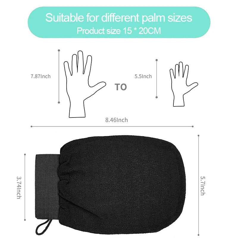 SosoNaz Exfoliating Gloves in black, designed for gentle body scrubbing and skin renewal, shown hanging in a bathroom setting.