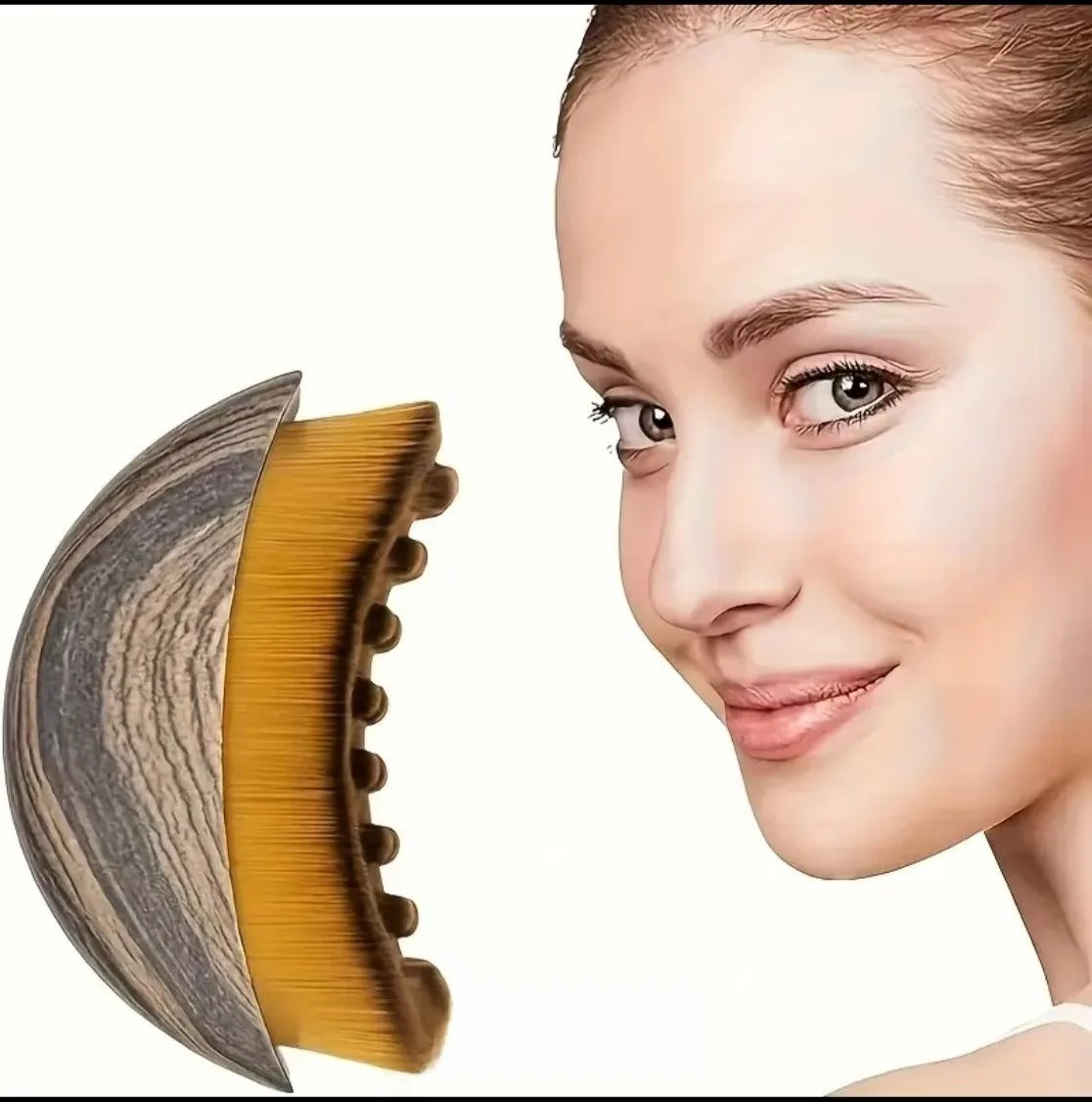Portable facial dry brush with soft bristles, contoured lymphatic massage tool for face sculpting and gentle exfoliation at home.