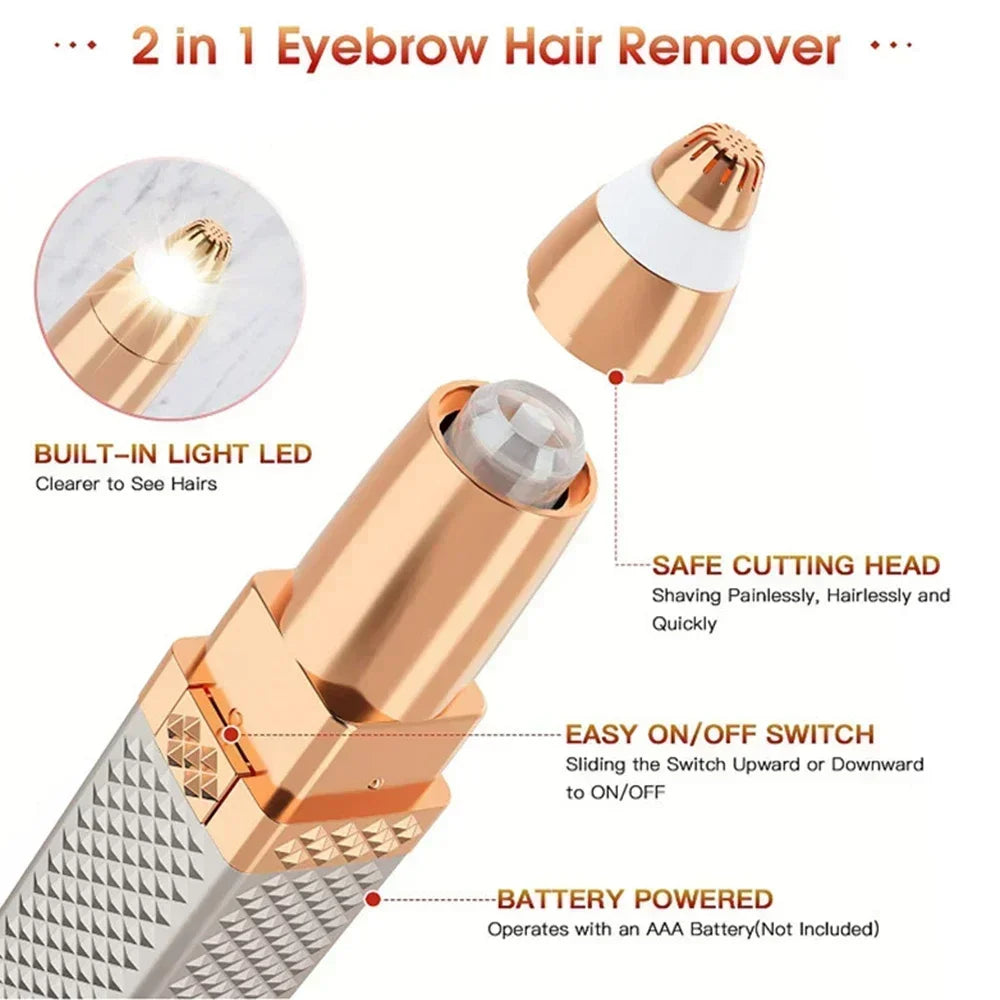 Electric facial hair removal epilator bys-store, showing compact device with multiple attachments for eyebrows, lips, bikini, and body.