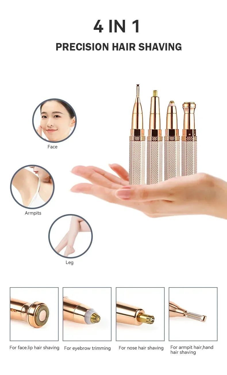 ByS-store 4-in-1 electric facial epilator with compact design for sensitive areas, eyebrows, lips, bikini, and body hair removal.