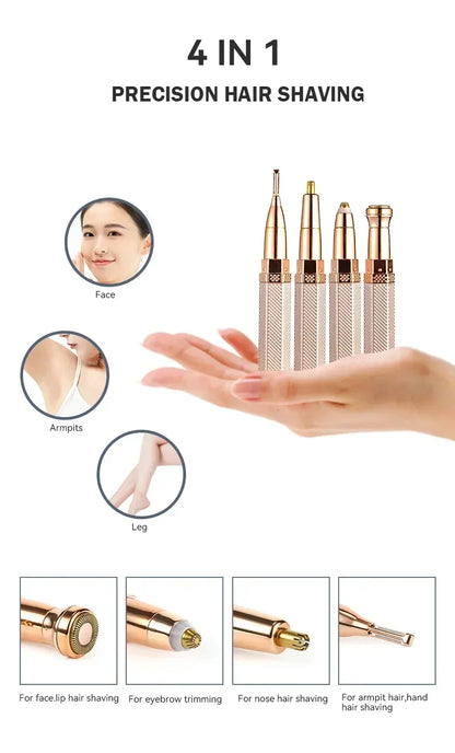 ByS-store 4-in-1 electric facial epilator with compact design for sensitive areas, eyebrows, lips, bikini, and body hair removal.