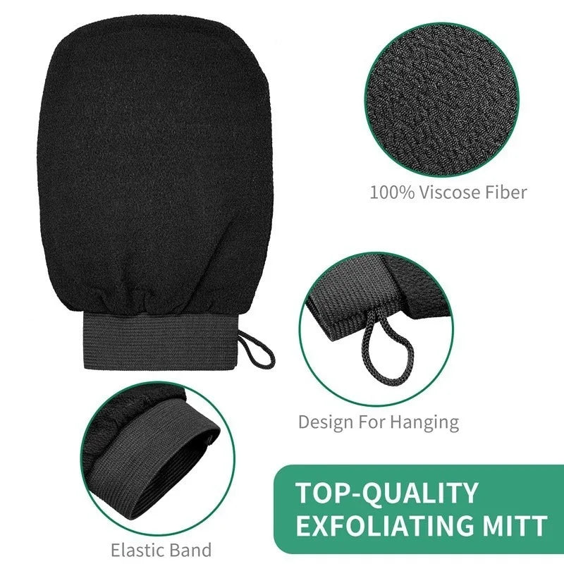 SosoNaz Exfoliating Gloves in black, soft textured for thorough skin exfoliation and gentle scrubbing.