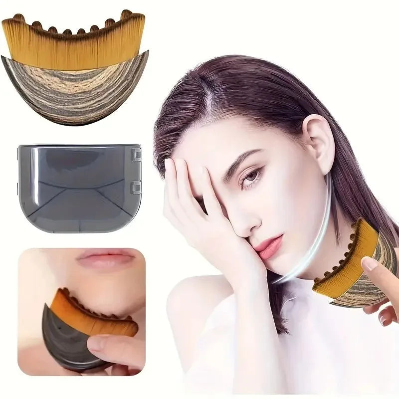 Portable dry facial brush with soft bristles, contoured lymphatic massage tool for face sculpting and gentle exfoliation at home.