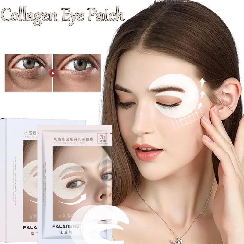 Hydrating collagen eye mask patches with hyaluronic acid for firming, lifting, and reducing fine lines around the eyes.