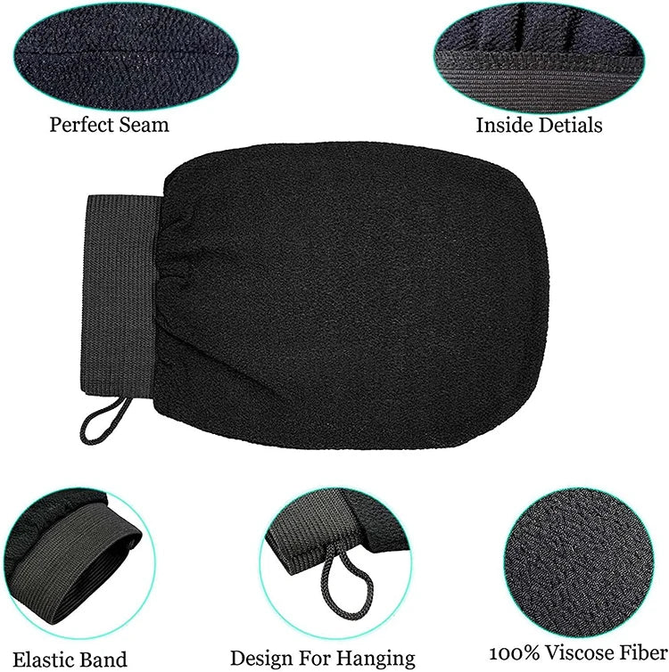 SosoNaz SOSONAZ exfoliating gloves shown hanging, textured surface for gentle skin exfoliation, in a natural setting.