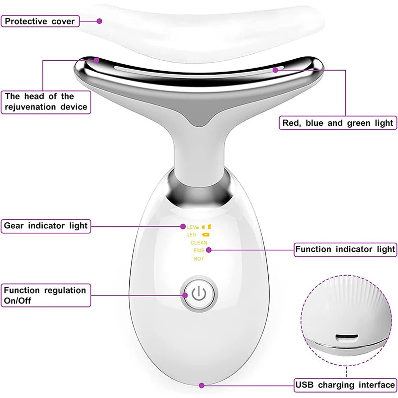 7 color Ems neck and face lifter device with LED photon therapy for skin tightening and wrinkle reduction, double chin remover.
