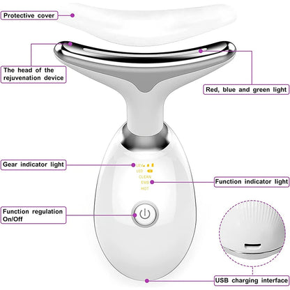 7 color Ems neck and face lifter device with LED photon therapy for skin tightening and wrinkle reduction, double chin remover.